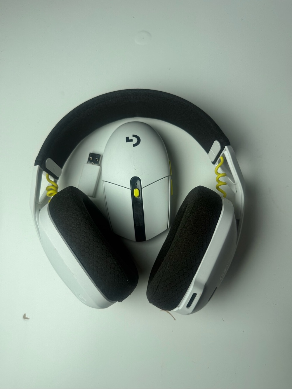 Logitech White and Yellow Wireless Gaming Headset with White Wireless Mouse